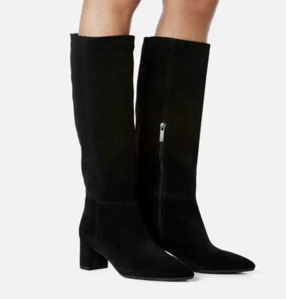Aquatalia Karly Boots Knee High Block Heel Pointed-Toe Soft Suede Black 10M NWOB